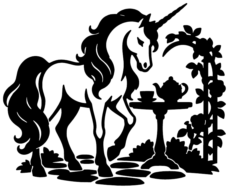 Unicorn and tea garden vinyl decal, black silhouette with teapot, leaves, flowers