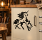 Black unicorn vinyl decal with broken chain links on a cabinet door panel