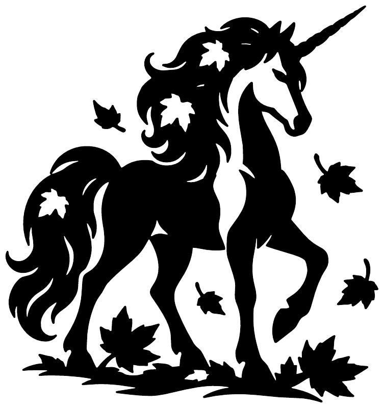 Two-tone unicorn vinyl decal with black-and-white silhouette and scattered autumn leaves