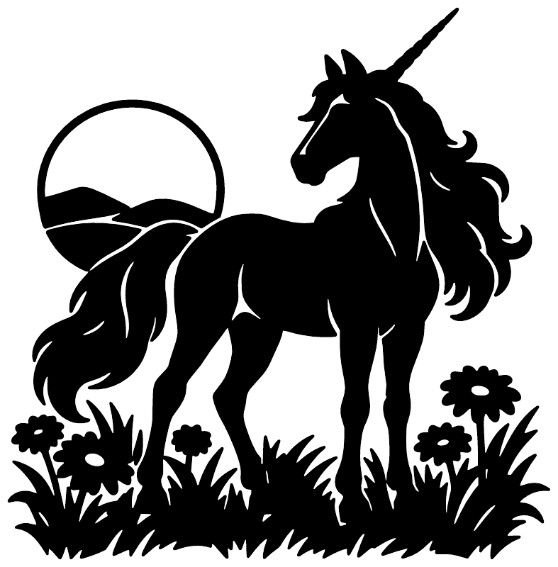 Unicorn vinyl decal in black: unicorn standing in grass with moon circle and flowers