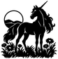 Unicorn vinyl decal in black: unicorn standing in grass with moon circle and flowers