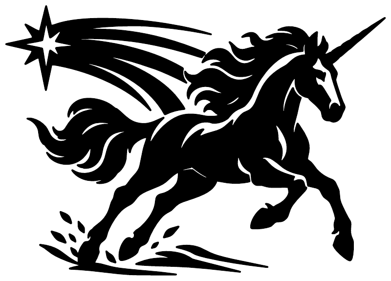 Charging unicorn vinyl decal with sweeping comet lines and starburst, black on white — UnicornCX023