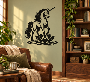 Black unicorn and lotus vinyl decal, full-body horse with flowing mane and horn