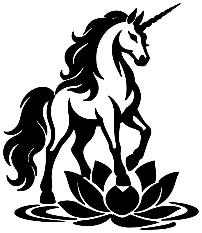 Black unicorn and lotus vinyl decal on white, horned horse with curled mane