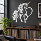 Unicorn vinyl decal with heart motifs, flowing mane and tail, white outline on dark surface