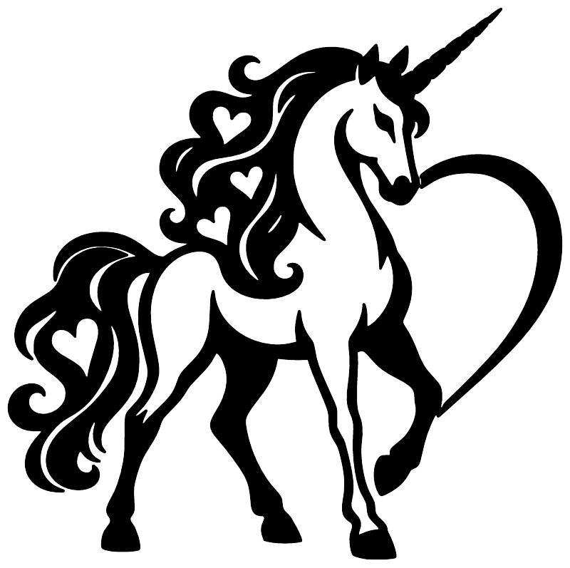 Unicorn vinyl decal silhouette with hearts, curly mane, and flowing tail in black and white