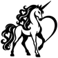 Unicorn vinyl decal silhouette with hearts, curly mane, and flowing tail in black and white
