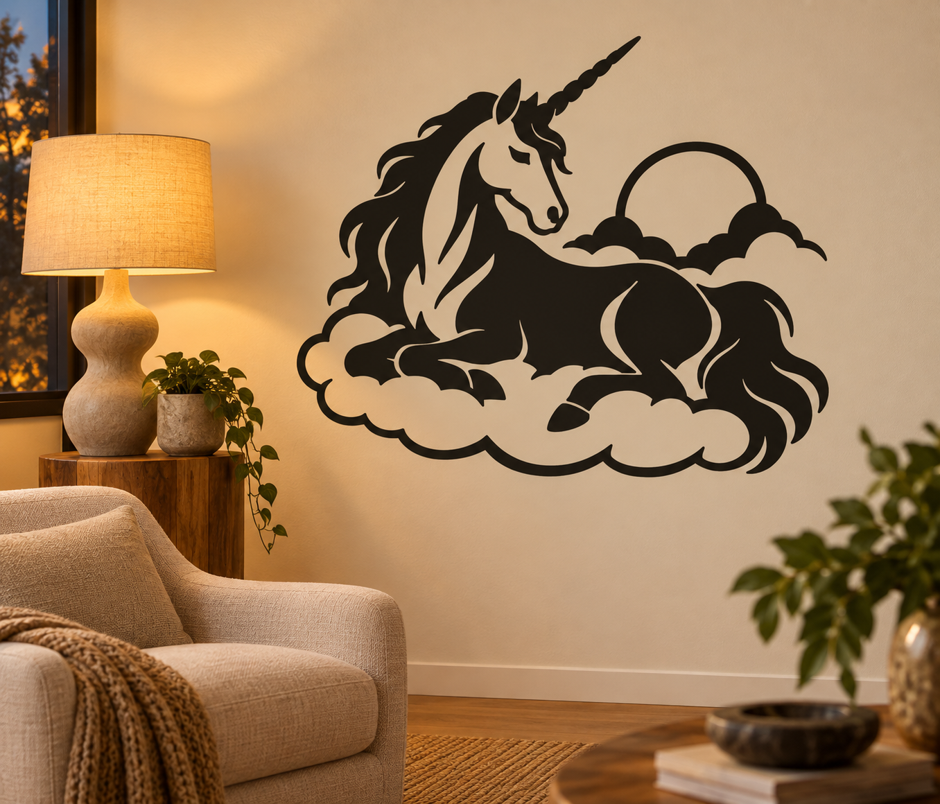 Black unicorn vinyl decal resting on clouds, long horn and flowing mane