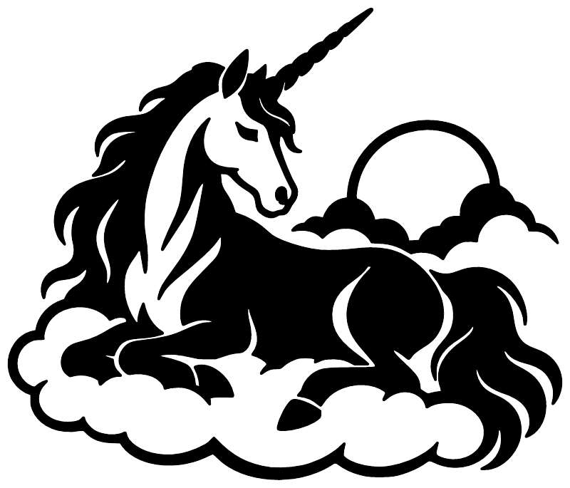 Unicorn vinyl decal with long horn, black body on fluffy clouds with white outline