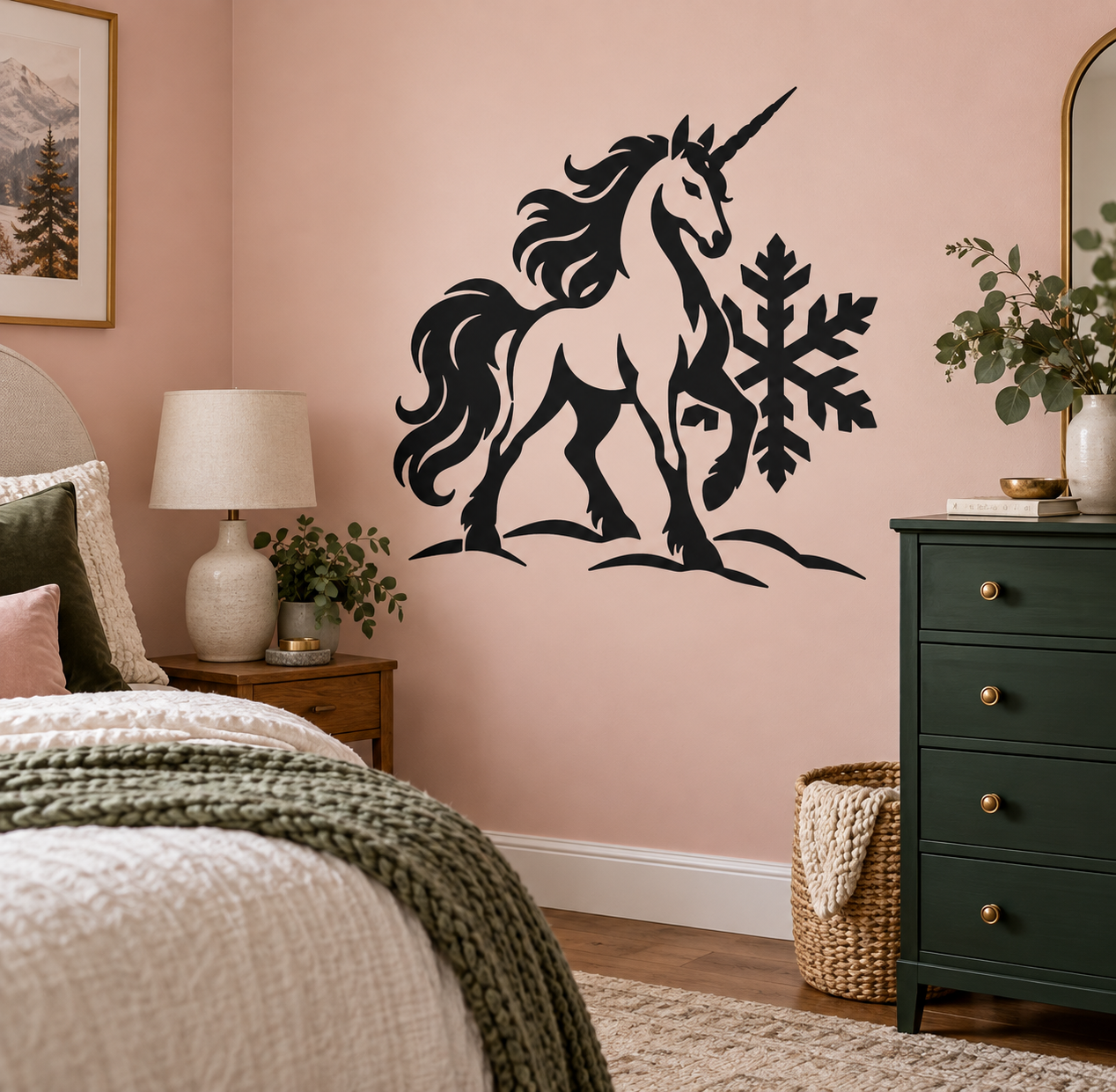 Unicorn vinyl decal with snowflake design, black and white silhouette