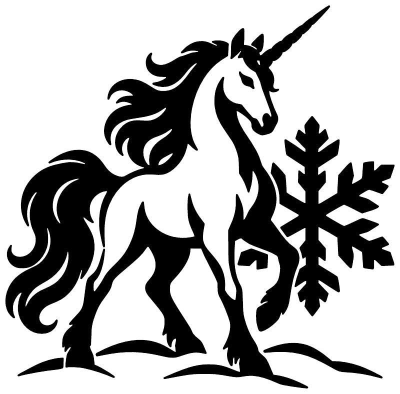 Unicorn vinyl decal with snowflake motif, black and white silhouette close-up