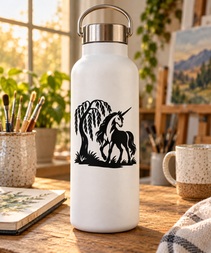 Unicorn vinyl decal: black unicorn and tree silhouette on a water bottle