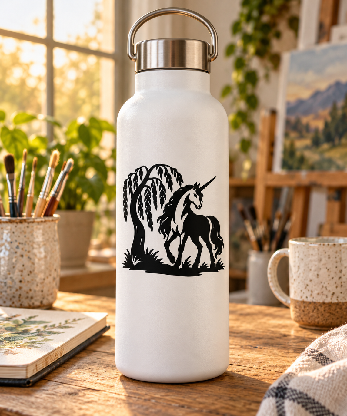 Unicorn vinyl decal: black unicorn and tree silhouette on a water bottle