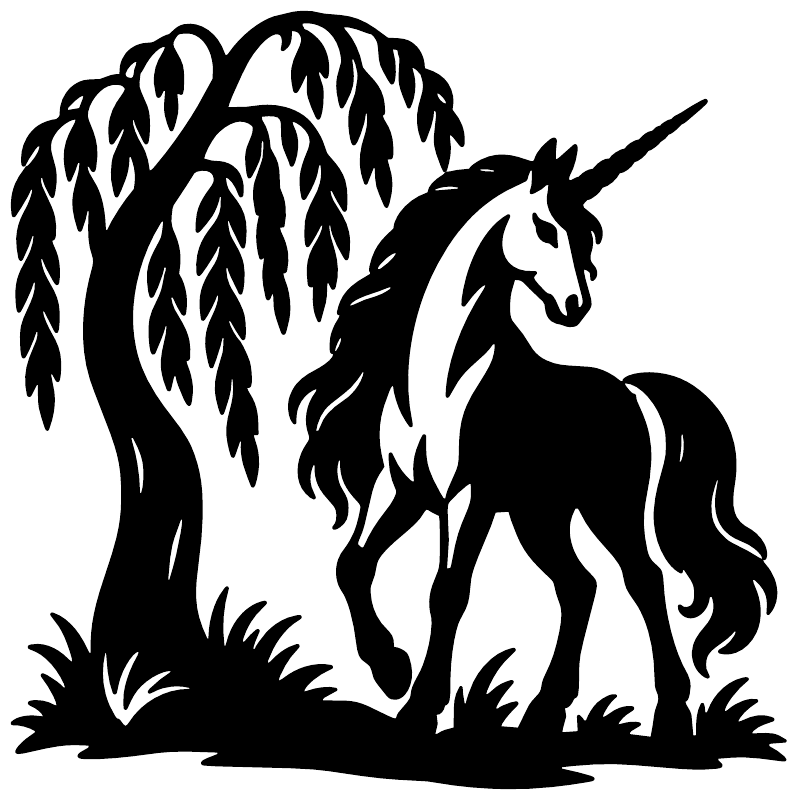 Unicorn vinyl decal sticker: black unicorn standing beside tree leaves