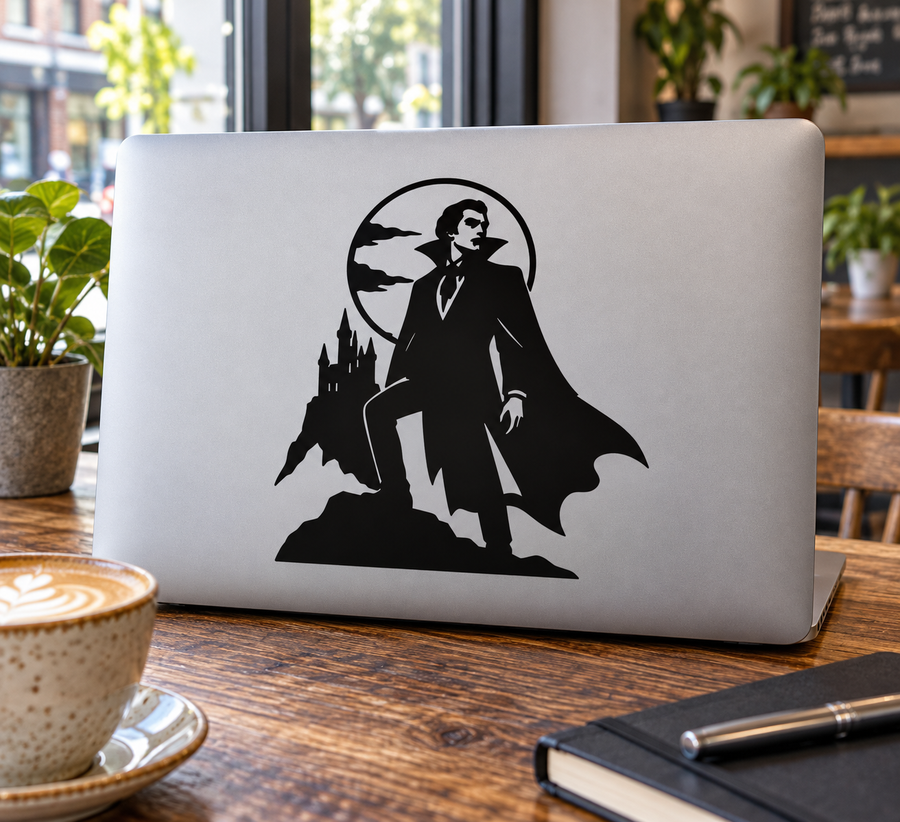 Moonlit vampire portrait vinyl decal: black silhouette of vampire with cape and castle scene