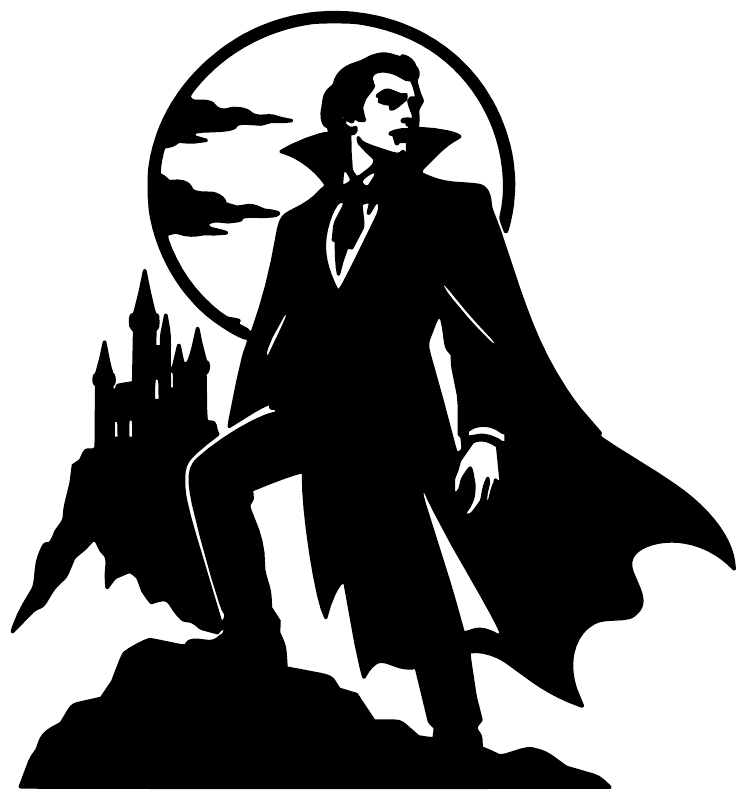 Moonlit vampire portrait vinyl decal: black silhouette vampire under moon with castle