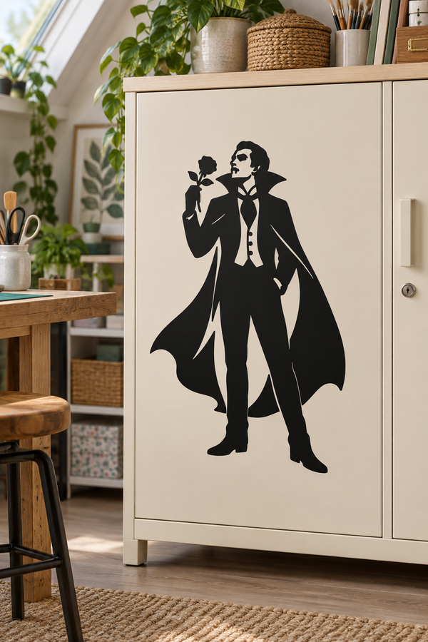 Black gentleman vampire vinyl decal with cape and raised-hand silhouette
