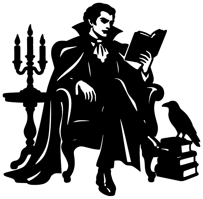 Black vampire reading vinyl decal with tall candelabra and book-holding figure