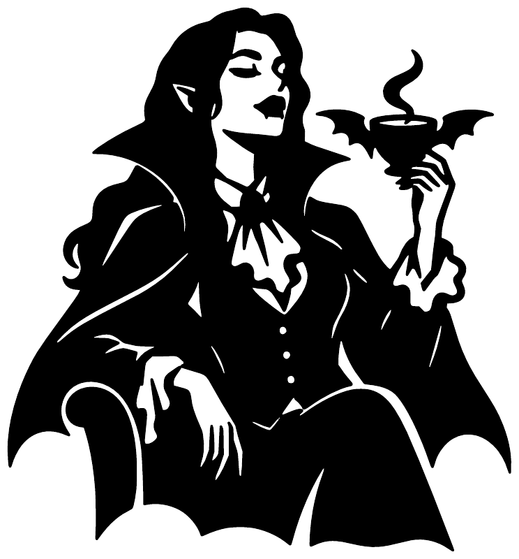 Bat-wing vampire teacup vinyl decal, black silhouette with teacup and steam