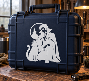 Vinyl decal of vampire with cat under moon circle silhouette, with city skyline and bats