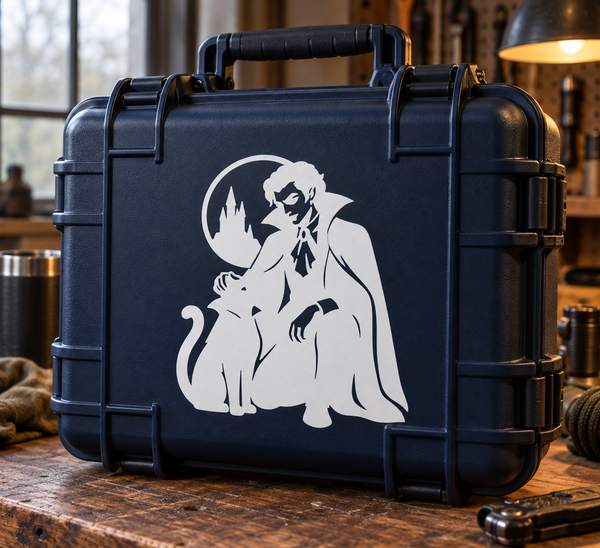 Vinyl decal of vampire with cat under moon circle silhouette, with city skyline and bats