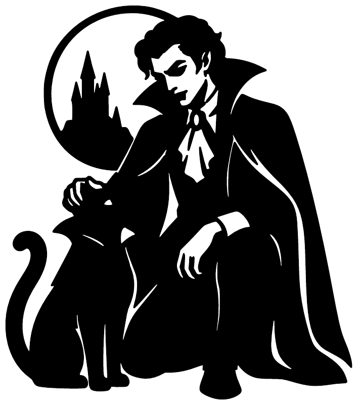 Black vampire cat vinyl decal: vampire and cat silhouettes with cape, moon circle, and city