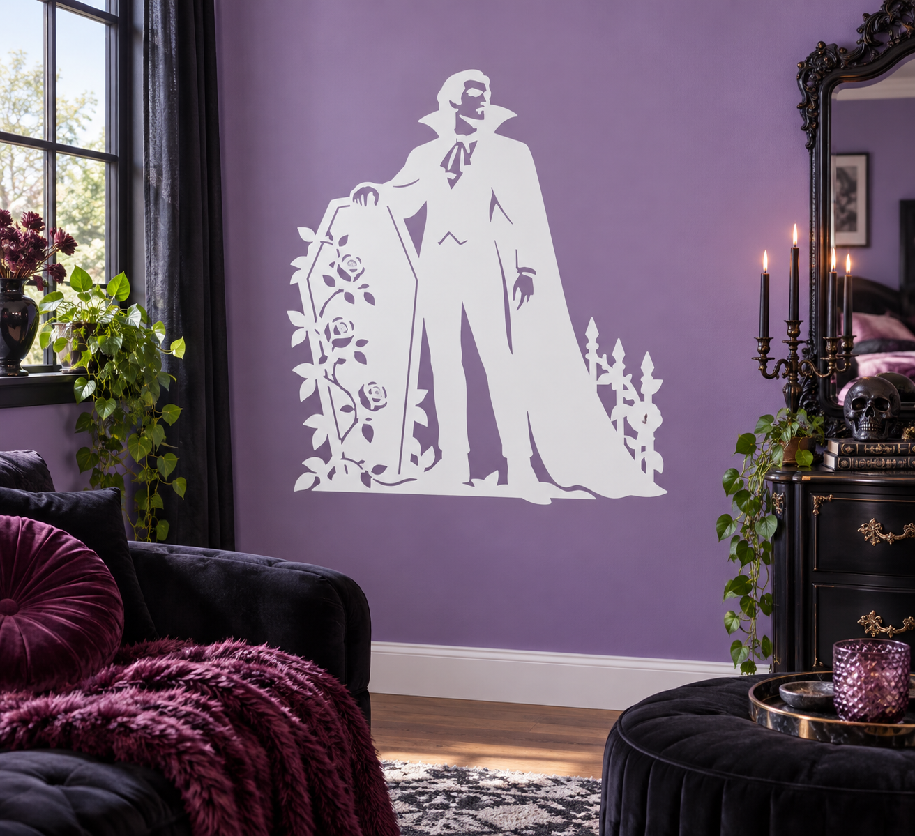 Vinyl decal of a vampire standing beside an ornate coffin and garden plants, white