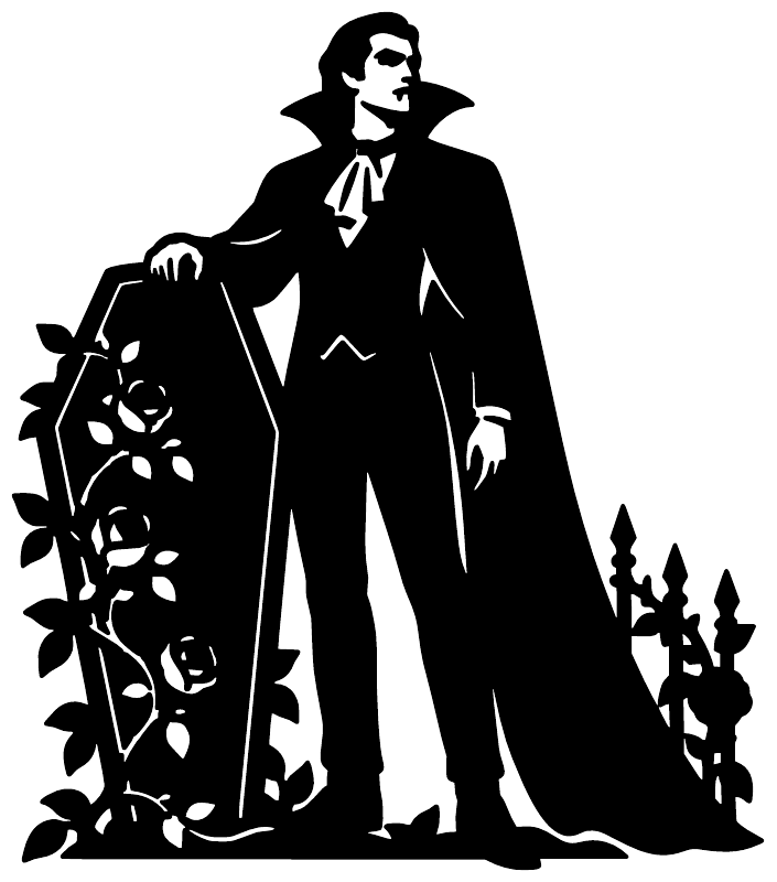 Vinyl decal silhouette of a vampire holding a coffin, with leafy vines and candle shapes, black