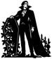 Vinyl decal silhouette of a vampire holding a coffin, with leafy vines and candle shapes, black