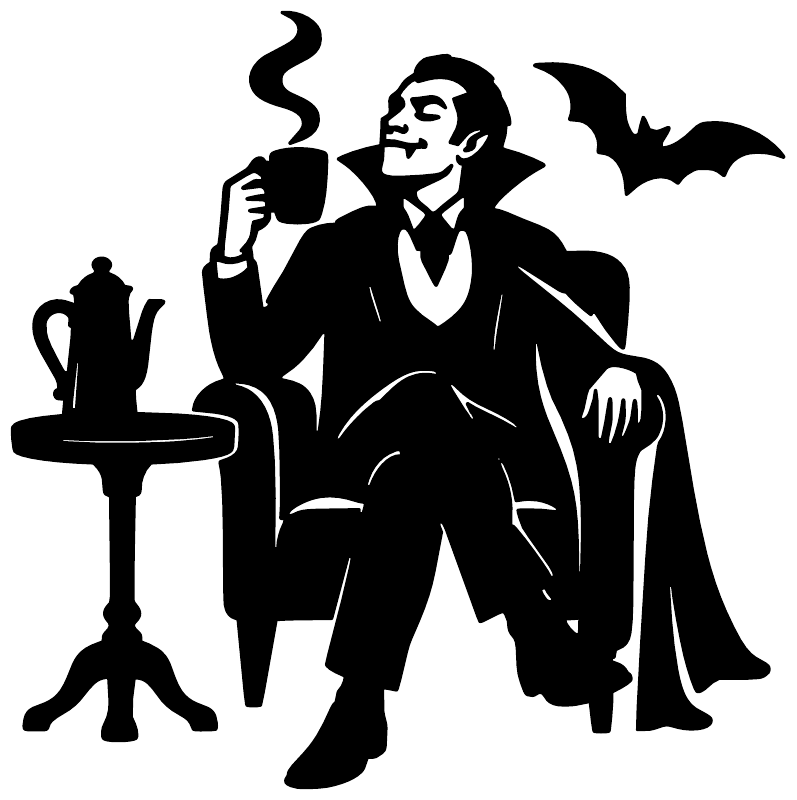 Black vampire drinking coffee vinyl decal with bat wings and candelabra silhouette