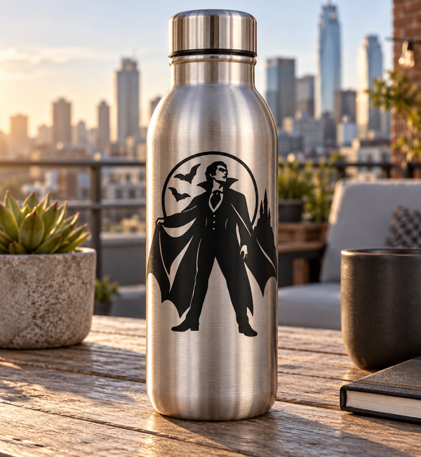 Black vampire cape vinyl decal: circular emblem with bats and castle