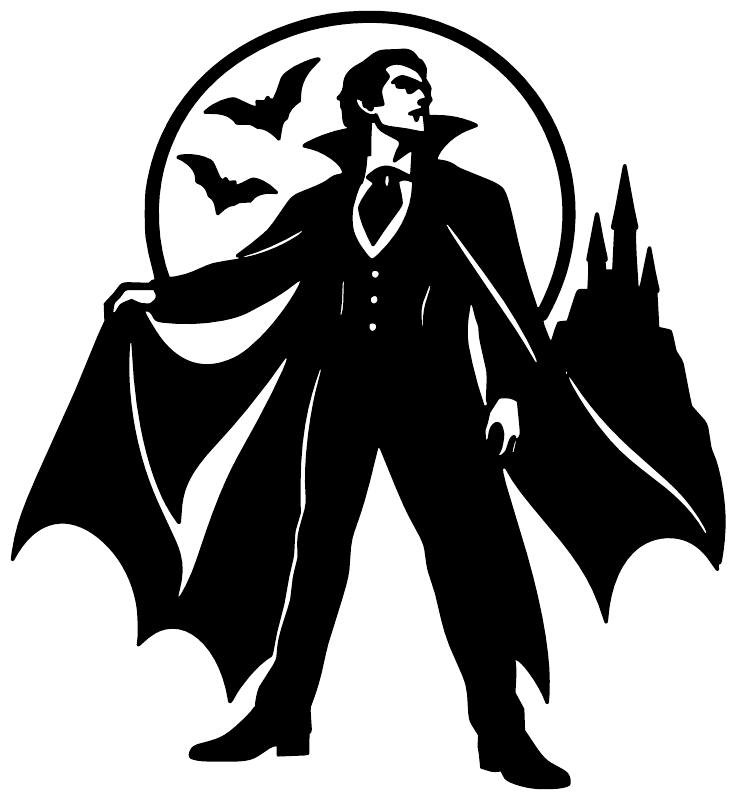 Black vampire vinyl decal with circular emblem, cape, bats, and profile