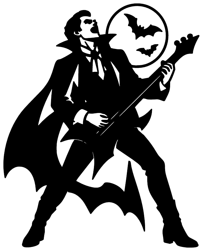 Vinyl decal close-up of black vampire guitarist holding guitar, with moon and bat