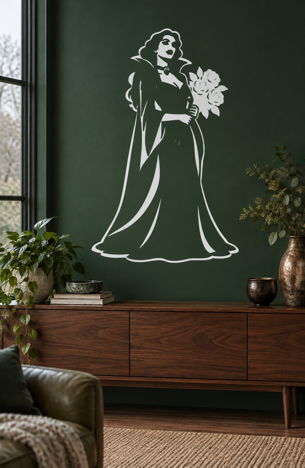 Vinyl decal of a countess holding a bouquet of roses, elegant flowing silhouette