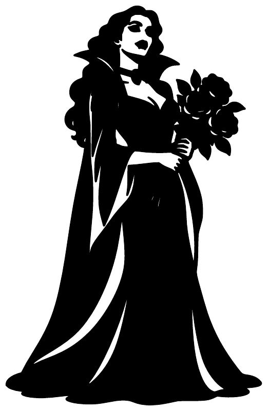 Black vinyl decal of a countess holding a rose bouquet, flowing cape silhouette