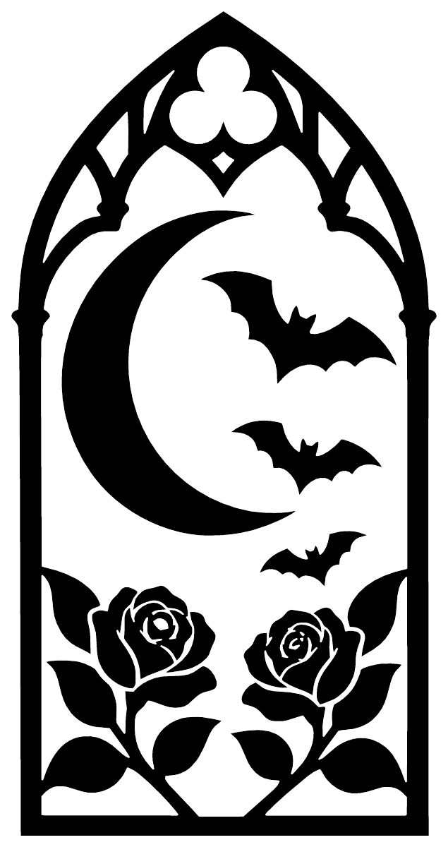 Gothic vinyl decal with black arch, full moon, bats, and roses