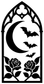 Gothic vinyl decal with black arch, full moon, bats, and roses