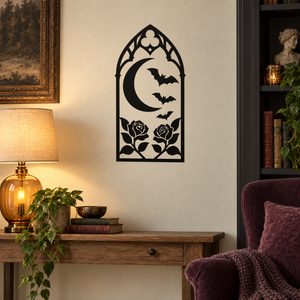 Gothic vinyl decal mounted on wall with black arch, moon, bats, and roses