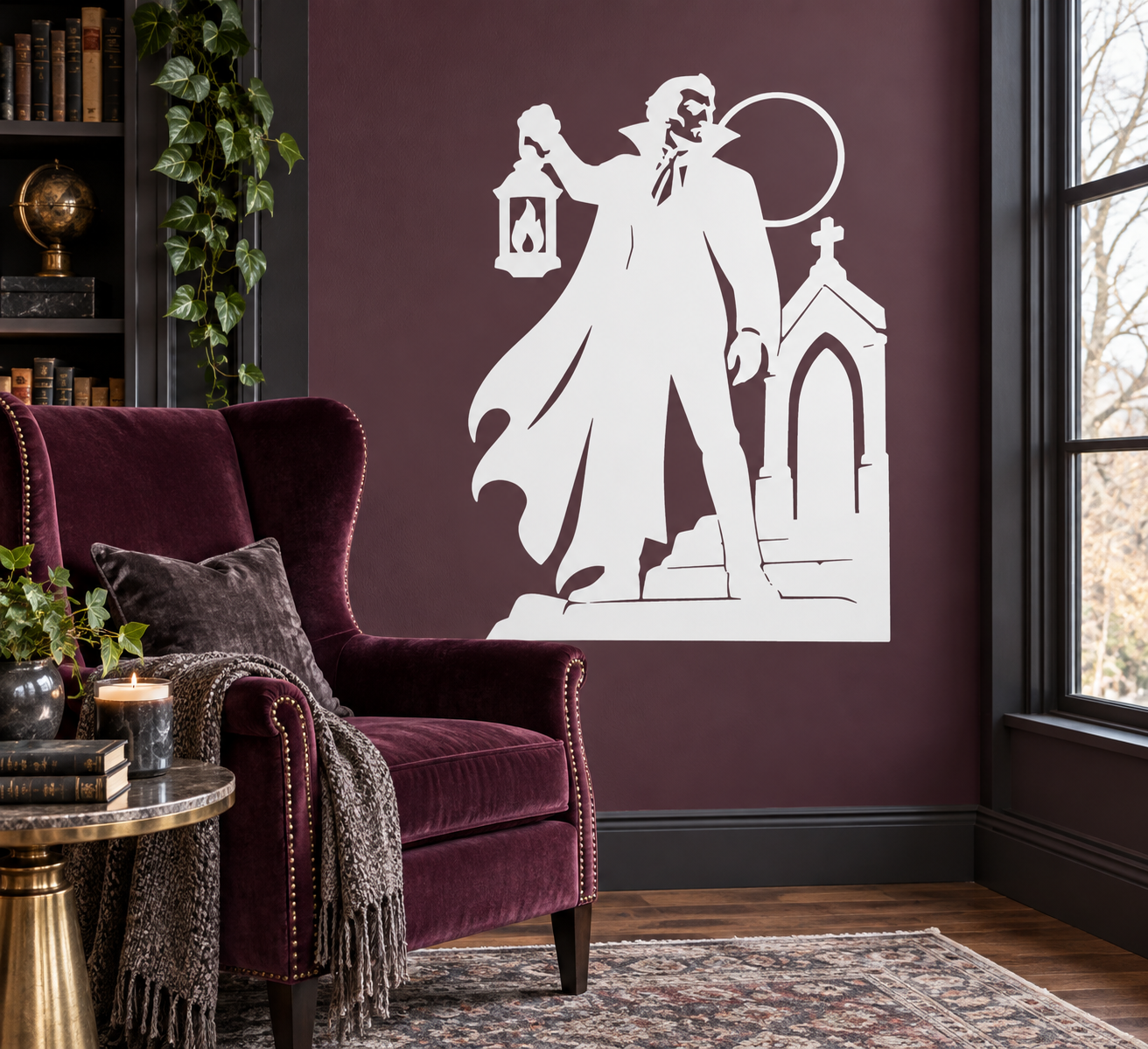 White vampire vinyl wall decal with lantern and castle silhouette