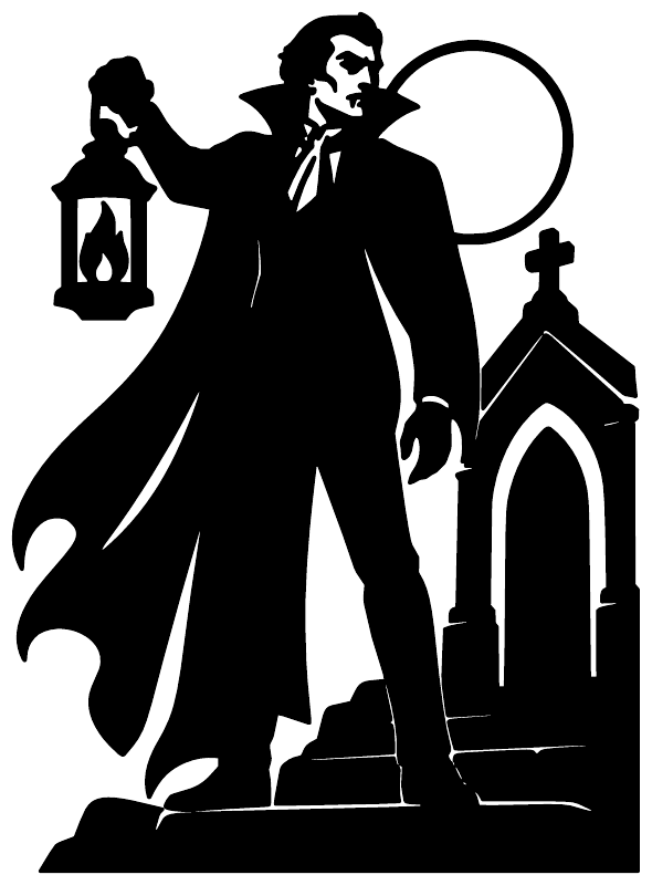 Black and white vampire vinyl decal with lantern and small church silhouette