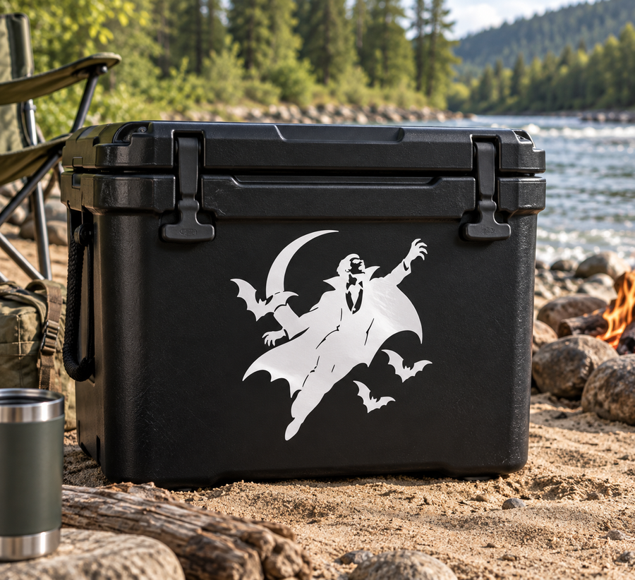 Black vinyl decal with white bat-flight vampire silhouette on a cooler
