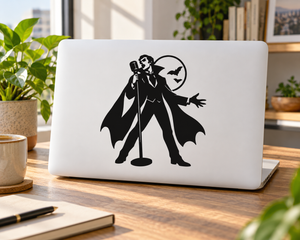 Vintage microphone vampire vinyl decal, black silhouette figure with cape and bat