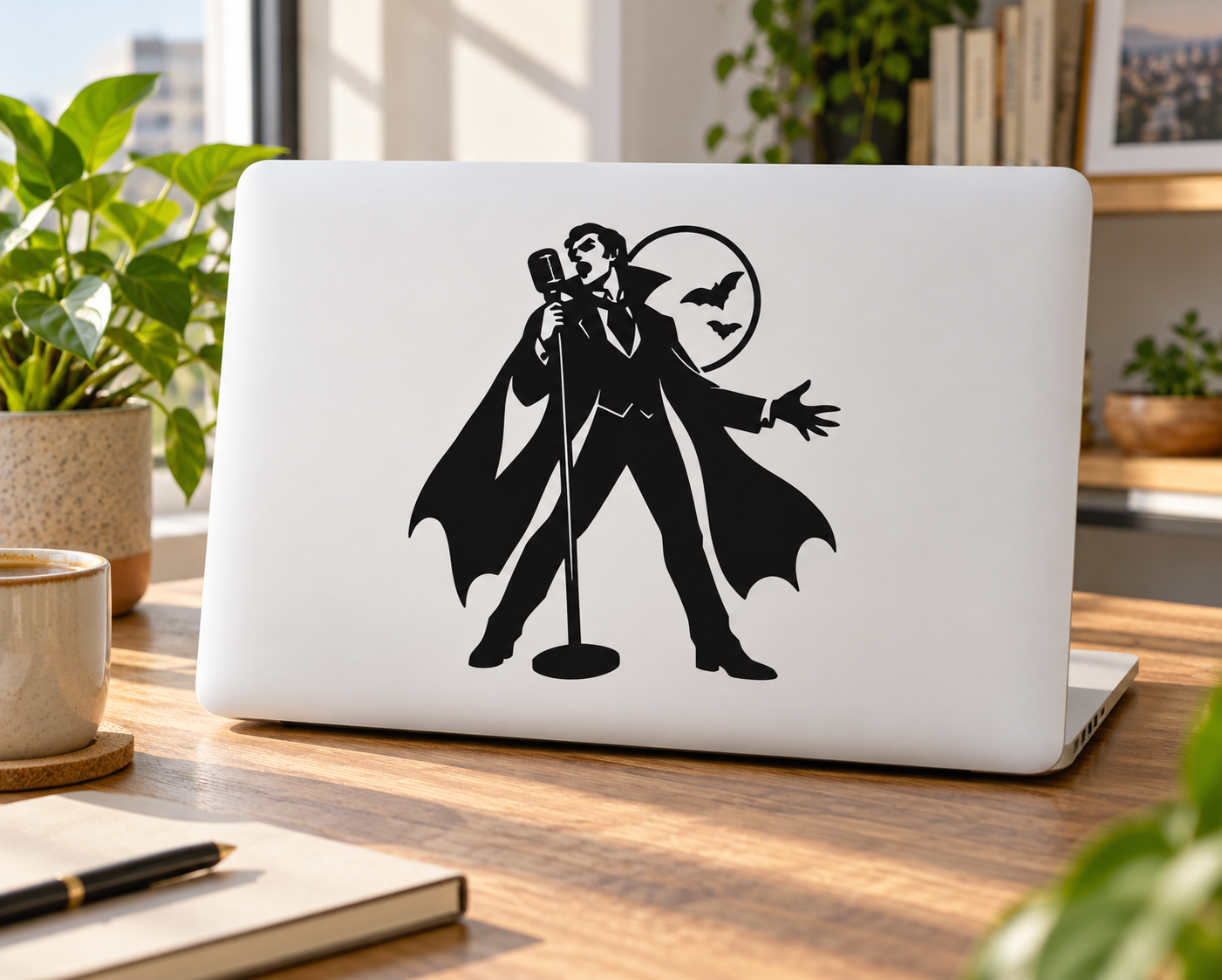 Vintage microphone vampire vinyl decal, black silhouette figure with cape and bat