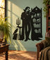 Black vampire scholar vinyl wall decal with candelabra and tall bookshelf