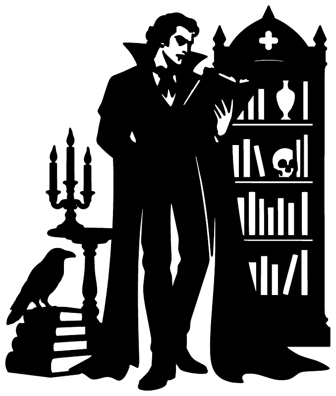 Black vinyl wall decal of vampire scholar next to tall bookshelf with candles