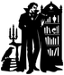 Black vinyl wall decal of vampire scholar next to tall bookshelf with candles