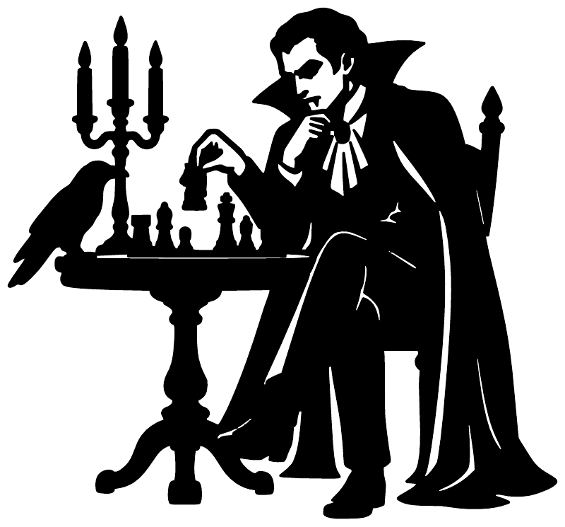 Black vampire vinyl decal silhouette with chess pieces, candles, and a goblet