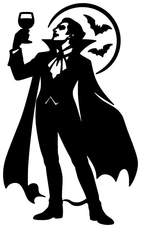 Black vampire silhouette vinyl decal holding a wine goblet with bats and moon