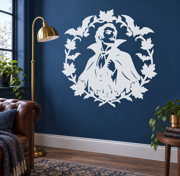 Autumn vampire wreath vinyl decal with bat wings and leaf frame