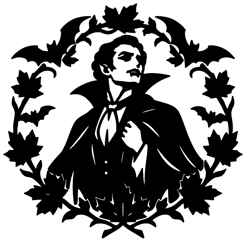 Black-and-white vampire wreath vinyl decal with bats and autumn leaf border